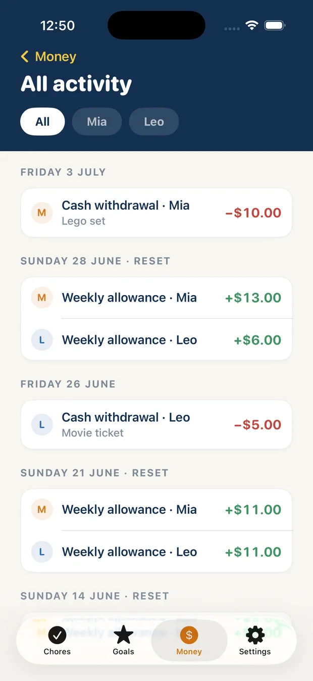 Chore Dash activity list showing cash withdrawals for a Lego set and a movie ticket between weekly allowance payouts