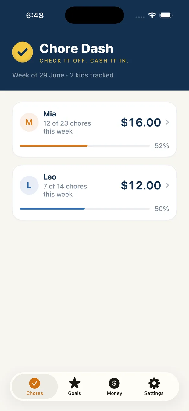 Chore Dash Chores tab with the week's chores ticked off