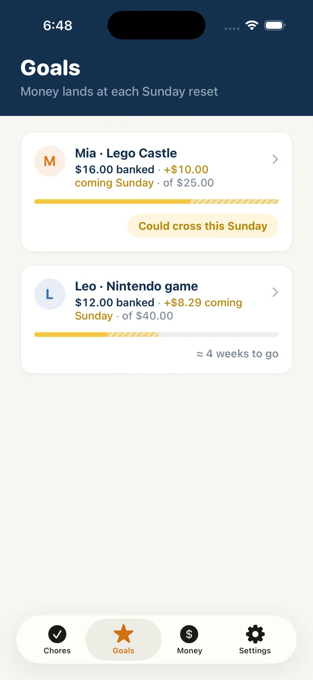 Chore Dash Goals tab tracking a savings goal