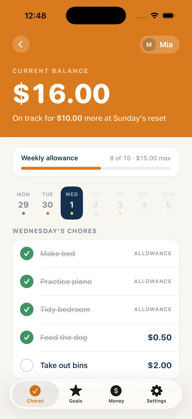 Mia's chore list with four of the day's five chores ticked off