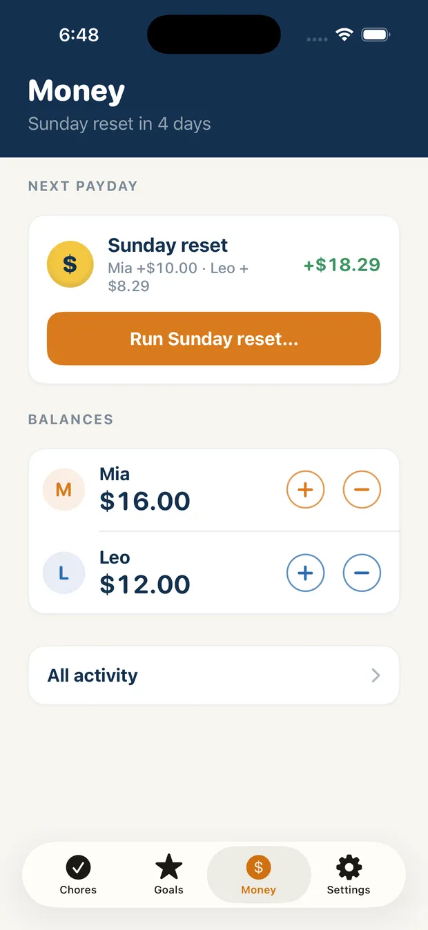 Chore Dash Money tab with each child's balance and ledger